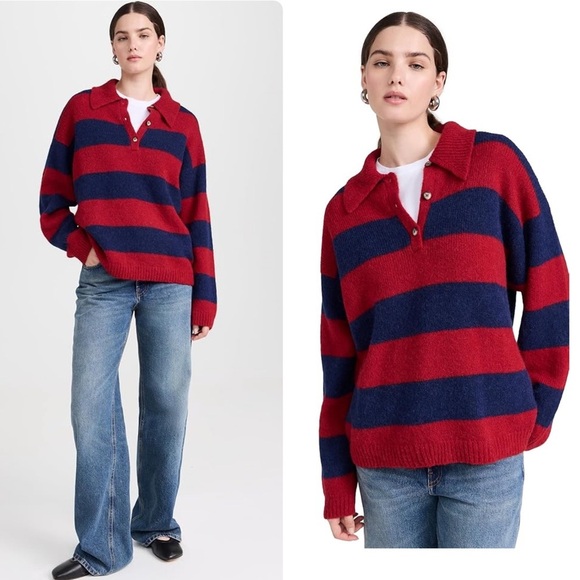 New! Xirena Striped Red and Blue Knit Brenton Polo Sweater ❤️ 💙 Medium - Picture 1 of 16